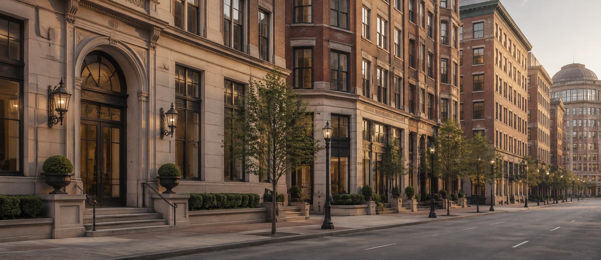 Boston commercial streetscape of brick and stone mid-rise buildings